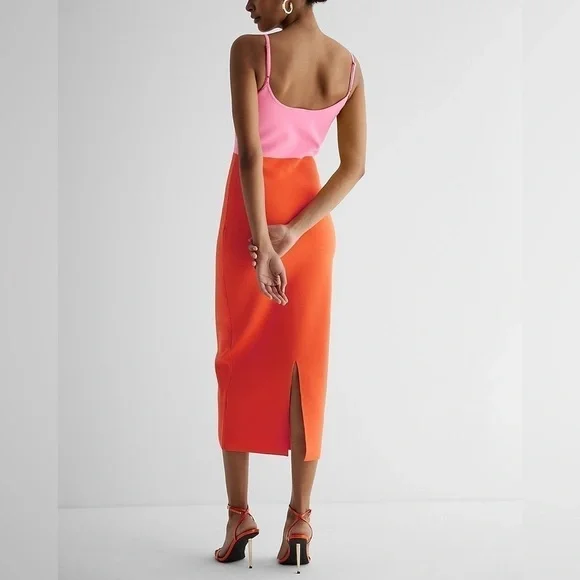 Express Body Contour V-Wire Color Block Midi Sweater Dress Large - Picture 9 of 16